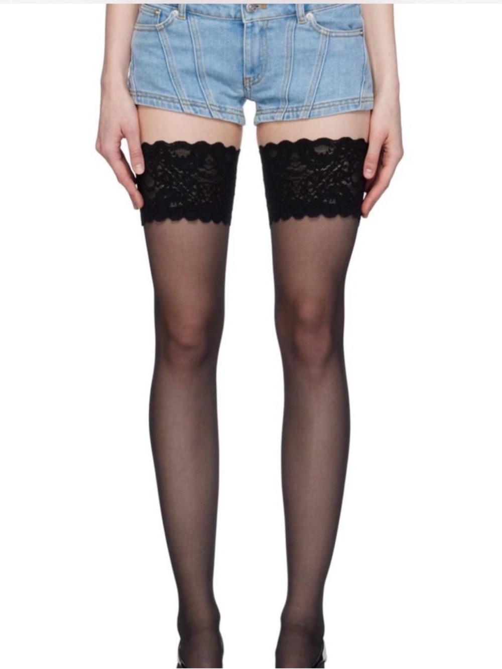 Mugler Black Lace Top Sheer Thigh-Highs